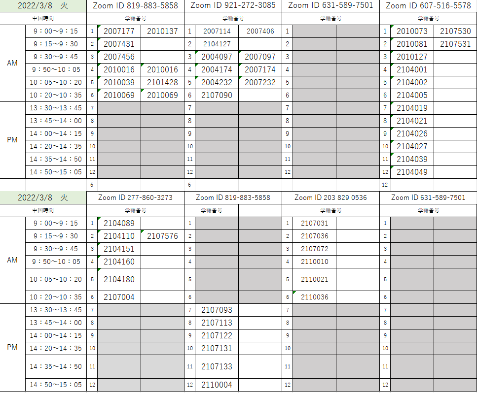 3月8日～10日プレースメントテスト会話試験日程表