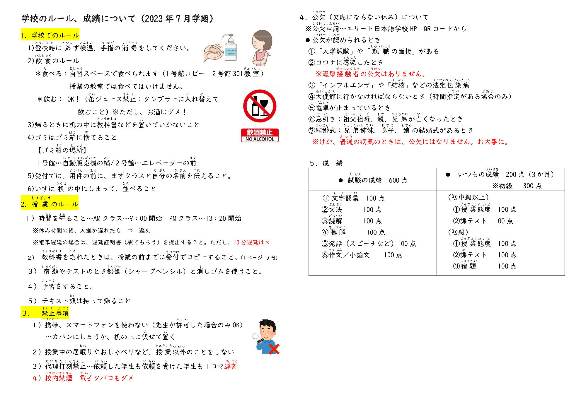 2023年7月学期学校のルール、成績について